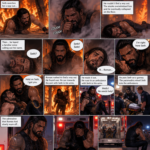 Seth Rollins is in a burning building,He tries to find a way out,he couldn’t find a way out. He was coughing because of the smoke,He eventually collapsed on the floor. Then…he heard a familiar voice calling out his name,he slowly opened his eyes…it was Roman Reigns. He weakly called out Roman’s name. Roman rushed towards Seth. “I’m right here Seth” Said Roman. He lifted Seth in his arms. “Hold on Seth,I got you” Roman said to Seth. He rushed to find a way out,he found one. He ran towards the exit with Seth in his arms,He made it out. He runs to an ambulance with Seth in his arms. “Medic! He needs help!” Roman yelled. He puts Seth on a gurney. The paramedics wheel Seth into the ambulance. The adrenaline that Roman had Slowly wore off