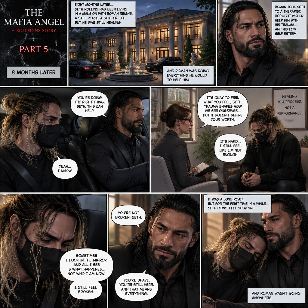(Part 5 of the mafia angel,A Rolleigns story). 8 months later,Seth Rollins (He’s still wearing a mask) had been living in a mansion with Roman Reigns (Mafia leader). Roman had been Taking Seth to a therapist hoping that’ll help him with his trauma and his low self esteem