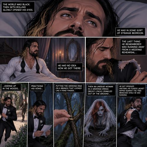 (Part 2 of the corpse bride,Seth x Becky style). The world was black. Then Seth Rollins slowly opened his eyes,He was in some sort of strange bedroom. He has no idea how he got there. The last thing he remembered was running away from a wedding rehearsal,ending up in the woods,Practicing his vows,Putting the wedding ring on a branch that looked like a ring finger,Then an undead woman in a wedding dress (Becky Lynch) crawled out of the ground,He got spooked and ran,His tuxedo jacket ripped against the tree branches while he was running