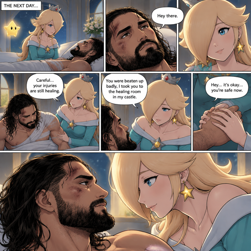 (Part 3 of the Seth Rollins x Princess Rosalina story). The next day,Seth was still unconscious,Rosalina was watching over him. Then…Seth slowly regained consciousness. The first thing he sees is Rosalina looking down at him. “Hey there” Rosalina said softly. He tried to sit up. “Careful…your injuries are still healing” Rosalina said softly. Seth took deep breaths in and out. She gently rubbed his back. “You were beaten up badly,I took you to the healing room in my castle” Rosalina said softly. Seth was quiet for a moment. Rosalina gently held his hand. “Hey…it’s okay…you’re safe now” Rosalina said softly. Seth looked at her. They stared at each other for a moment