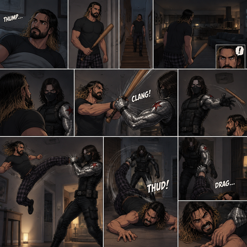 Seth Rollins was in his house about to go to bed…then he heard a noise downstairs. He grabbed a bat and went downstairs to investigate. He looked around,He sees nothing….at first…then he sensed a presence behind him. He swung the bat at the intruder…But the intruder grabbed it….with his metal arm. That’s right…it’s the winter soldier. He threw Seth’s bat away. Seth tried to ninja kick the winter soldier…but he grabbed his ankle and threw him on the ground. Then he grabbed Seth’s ankle again and pulled him closer. Seth struggled