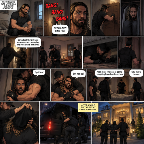 Seth Rollins was living in a run down apartment,Then he heard loud banging from the lobby,Then he heard a man shouting. “SPEAD OUT! FIND HIM!” Said the voice.Seth got spooked,He barricaded the door and hid in his closet.There were sounds of doors being kicked outside,Then the sounds of footsteps approached Seth’s apartment door,The door was kicked open. “Spread out! He’s in here somewhere and remember the boss wants him alive” said a voice. They looked around the apartment.Seth keeps quiet.One of them looked in Seth’s room,He looked under the bed,Then….He walked to the closet.Seth’s heart was beating loudly.The man…opened the door,Spotted Seth and grabbed him before Seth could do anything. “I got him!” Said the man.Seth Struggled.The others walked in the bedroom. “Let me go!” Seth yelled. “Well done,The boss is gonna be quite pleased we found him” Said the man. “Take him to the van”The man commanded. They put a hood over Seth’s head and dragged him to a black van.They get in afterwards,one of them drives the van.After a while they arrive at a fancy mansion,They get out and Drag Seth to it