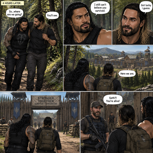 (Part 2 of the Zombie Apocalypse story). Still in the woods,Still far away from the zombies. Roman Reigns was still limping from the sprained ankle and Seth Rollins was helping him walk. It had been 4 hours since they reunited. “So…where are we going?” Roman asked. “You’ll see” said Seth. “I still can’t believe you survived” Said Roman. “Got lucky i guess” said Seth. They kept walking till they spotted a community like town up a head. “Here we are” Said Seth. They walked towards it. One of the guards recognized Seth
