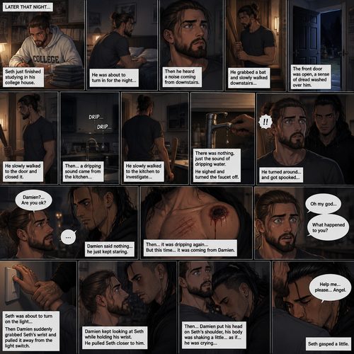 (Recap) Seth Rollins (College student) Arrives at math class and sits at his usual desk,Damien Priest (The bad boy) arrives as well,He sits on the desk next to Seth,Seth was focusing on the math lesson…Damien wasn’t,He was only focusing on Seth like he was the most beautiful angel he’s ever seen,”So beautiful” Damien thought in his mind,After class ended Seth was at his locker when suddenly Damien appeared behind him startling Seth. (And now part 2). It was late at night,Seth just finished studying in his college house. He was about to turn in for the night….Then he heard a noise coming from downstairs. He grabbed a bat and slowly walked downstairs…the front door was open,a sense of dread washed over him. He slowly walked to the door and closed it. Then…a dripping sound came from the kitchen,he slowly walked to the kitchen to investigate…there was nothing,just the sound of dripping water. He sighed and walked to the sink and turned the faucet off. He turned around…and got spooked…..Damien was standing behind him. He was staring at Seth with a blank expression on his face. “Damien?…Are you ok?” Asked Seth. Damien said nothing…he just kept staring. There was a dripping noise again…But this time….it was coming from Damien. Seth looked at Damien’s chest…there were scratch marks on it,Then Seth….Noticed a huge bite mark on Damien’s shoulder. Seth was horrified. “Oh my god” said Seth. Seth looked at Damien. “What happened to you?” Asked Seth. Damien remained silent. Seth was about to turn on the light….then Damien suddenly grabbed Seth’s wrist and pulled it away from the light switch. Seth’s eyes widened. Damien kept looking at Seth while holding his wrist,He pulled Seth Closer to him. They stared at each other…then…..Damien put his head on Seth’s shoulder,Then his body was shaking a little….as if….he was crying,Then…he finally spoke “Help me…please…Angel”. Seth gasped a little