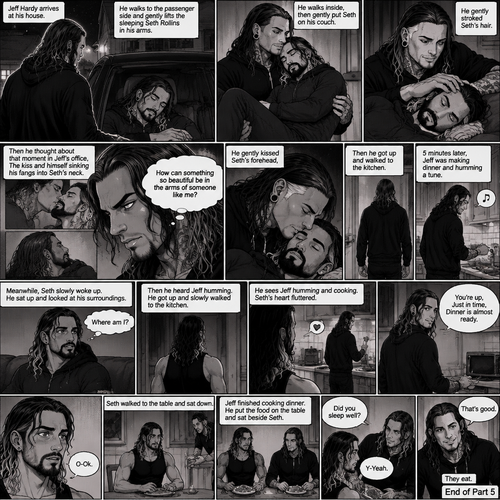 (Part 5 of the Vampire x human story) Jeff Hardy arrives at his house. He walks to the passenger side and gently lifts the sleeping Seth Rollins in his arms. He walks inside,Then he gently put Seth on his couch. He gently stroked Seth’s hair. Then he thought about that moment in Jeff’s office,The kiss and himself sinking his fangs into Seth’s neck. “How can something so beautiful be in the arms of someone like me?” Jeff asked himself. He gently kissed Seth’s forehead,Then he got up and walked to the kitchen. 5 minutes later,Jeff was making dinner and humming a tune. Meanwhile,Seth slowly woke up,He sat up and looked at his surroundings. “Where am I?” Seth asked himself,Then he heard Jeff humming. He got up and slowly walked to the kitchen. He sees Jeff humming and cooking. Seth’s heart fluttered. Then Jeff noticed Seth. “You’re up,Just in time,Dinner is almost ready” Said Jeff. “O-Ok” Seth said nervously. Seth walked to the table and sat down. Jeff finished cooking dinner. He put the food on the table and sat beside Seth. “Did you sleep well?” Jeff asked. “Y-Yeah” Said Seth. “That’s good” Said Jeff. They eat. (End of part 5)