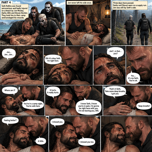 Part 4 of the apocalypse story.Seth Rollins was found unconscious and badly injured on a beach by Jon Moxley,Darby Allin and Steven Borden (Sting’s son).They took him to their camp and bandaged his wounds,Jon never left his side once.Three days have passed,Seth was still unconscious,Darby and Steven were on a supply run,Jon was still by Seth’s side,He gently held his hand.Then Seth spoke Jon’s name subconsciously “Jon…Jon…Jon”.  Jon gently stroked Seth’s head. “Shh it’s okay Seth,I’m right here” Jon whispered.Seth breathed softly,Then…his eyes started to slowly open,The first thing he sees is Jon looking down at him. “Jon?..is that…you?” Seth asked weakly. “Yes…it’s me Seth,You’re ok” Jon said softly. “Where am I?” Seth asked in a weakened tone. “You’re in a camp sight,You’re safe here” Jon said softly.Seth tried to sit up but he was sore.Seeing he was trying to sit up but couldn’t because of the pain Jon helped him.Tears welled up in Seth’s eyes because he was in pain.He was emotional.It broke Jon’s heart to see Seth emotional and in pain,He gently pulled Seth into his embrace. “It hurts,It really hurts” Seth Said through tears.Jon Gently rubbed Seth’s back. “I know Seth,I know you’re In pain,I’m gonna be right here with you,I’m not leaving you,Shh” Jon said softly.Seth took some deep breaths. “That’s it Seth,Take some deep breaths,I got you” Jon said softly. Seth eventually Stopped crying.Jon was still gently rubbing Seth’s back. “Feeling better?” Jon asked softly. “A little” Seth said softly.Jon smiled softly.Seth relaxed in Jon’s embrace despite the pain. “I missed you” Seth said softly. “I missed you too” Jon said softly.They both smiled at each other