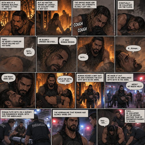 Seth Rollins is in a burning building,He tries to find a way out,he couldn’t find a way out. He was coughing because of the smoke,He eventually collapsed on the floor. Then…he heard a familiar voice calling out his name,he slowly opened his eyes…it was Roman Reigns. He weakly called out Roman’s name. Roman rushed towards Seth. “I’m right here Seth” Said Roman. He lifted Seth in his arms. “Hold on Seth,I got you” Roman said to Seth. He rushed to find a way out,he found one. He ran towards the exit with Seth in his arms,He made it out. He runs to an ambulance with Seth in his arms. “Medic! He needs help!” Roman yelled. He puts Seth on a gurney. The paramedics wheel Seth into the ambulance. The adrenaline that Roman had Slowly wore off. “Help…..Him…” said Roman. Then…..He collapsed on the ground. Another team of paramedics rushed to Roman. (End of part 1)