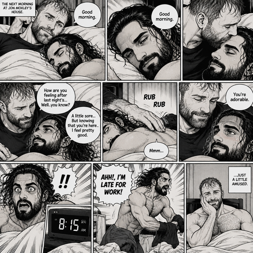 (Part 5). Still at Jon Moxley’s house. The next morning,Seth Rollins was asleep in Jon’s bed after last night’s activity. After a while Seth woke up,Jon was awake Before Seth was. “Good morning” Jon said softy. “Good morning” Seth Said Softly. Jon gently kissed Seth’s forehead. “How are you feeling after last night’s…Well..you know?” Jon asked. “A little sore…But knowing that you’re here..I feel pretty good” Seth said Softly. Jon gently rubbed Seth’s back. Seth hummed softly. Jon smiled softly. “You’re adorable” Said Jon. Seth blushed a little. Seth then looked at the alarm clock…then his eyes widened in horror…it was 8:15. “AHH!,I’M LATE FOR WORK!” Seth yelled then scrambled out of bed to get dressed. Jon just sat there a little amused