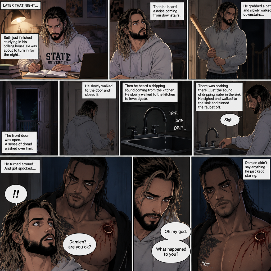 (Recap) Seth Rollins (College student) Arrives at math class and sits at his usual desk,Damien Priest (The bad boy) arrives as well,He sits on the desk next to Seth,Seth was focusing on the math lesson…Damien wasn’t,He was only focusing on Seth like he was the most beautiful angel he’s ever seen,”So beautiful” Damien thought in his mind,After class ended Seth was at his locker when suddenly Damien appeared behind him startling Seth. (And now part 2). It was late at night,Seth just finished studying in his college house. He was about to turn in for the night….Then he heard a noise coming from downstairs. He grabbed a bat and slowly walked downstairs…the front door was open. A sense of dread washed over him. The slowly walked to the door and closed it,Then he heard a dripping sound coming from the kitchen. He slowly walked to the kitchen to investigate,there was nothing there…just the sound of dripping water in the sink,He sighed and walked to the sink and turned the faucet off. He turned around….And got spooked….Damien was standing right behind him. Damien was staring right at Seth with a blank expression on his face. “Damien?…are you ok?” Seth asked. Damien didn’t say anything…he just kept staring. There was a dripping sound again…but this time…it was coming from Damien. Seth looked at Damien’s chest….there were scratches on it,Then Seth…noticed a huge bite mark on Damien’s shoulder. Seth was horrified. “Oh my god” said Seth. He looked at Damien. “What happened to you?” Asked Seth. Damien remained silent