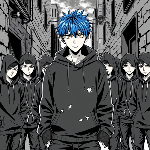 A teenage boy dressed in a black hoodie surrounded by angry looking boys dressed in black hoodies also