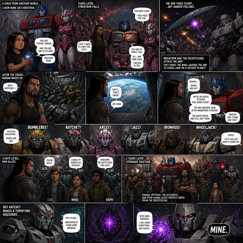 WWE Superstar Roman Reigns ends up on Cybertron as a child and ended up adopted by Optimus Prime and Elita-1.Years later Cybertron is falling apart,Elita-One stays behind while Roman,Optimus Prime and the other Autobots leave on the ark after an emotional goodbye.Then suddenly they get attacked by Megatron and the Decepticons.Then The Deceptions shoot the ark’s wing and Roman and Optimus and the other Autobots crash land on another planet.After A while Roman wake up and looks around and sees Optimus and the Autobots unconscious.Roman opens the Arks hatch and sees…That he’s on the one planet that he thought he would never return to…His home planet..Earth.Then Optimus wakes up.Roman explains to him that they’re on earth,Then bumblebee,Ratchet,Arcee,Jazz,Ironhide and wheel jack wakes up.Timeskip to 3 days later.They meet Three humans,Thier names are Jack,Miko and Raph.Timeskip to 2 years later.Roman and Optimus and the Autobots have been working along side Jack,Miko and Raph to protect earth from the Decepticons.Then Ratchet made a terrifying discovery…Megatron is using Dark energon