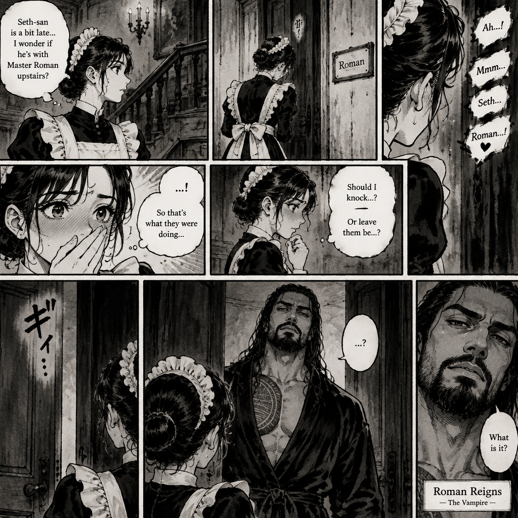 (Part 4 of the Vampire x Butler story).One of the maids was wondering why Seth Rollins (The butler) was a bit late. She went upstairs to Roman Reigns (The vampire)’s room. When she got to the door…She heard noises. The maid Blushed once she realized what’s going on. The noises eventually stopped. The maid contemplating whether she should knock on the door or not. Then the door opened,Roman was standing there in a robe