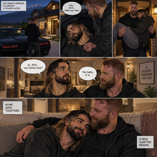 (Recap) Seth Rollins and Jon Moxley had an emotional reunion in an alley away,Jon carried Seth to his car,he put him in the passenger seat and Drove,12 hours have passed,they’re in Colorado Springs,Colorado,Jon was still driving and Seth was asleep in the passenger seat,he arrived at a house and parked the car,he got out and walked to the passenger side,he gently shook Seth awake,he lifted Seth in his arms and walked to the house. (And now part 3). Jon entered the house with Seth in his arms. Seth looks at the place. “Is…this…our home now?” Seth asked. Jon smiled softly. “Yes baby,it is” Jon said softly. Seth smiled softly. Jon gently puts Seth down on the couch. He sits next to Seth. He wrapped his arm around Seth. They cuddled on the couch