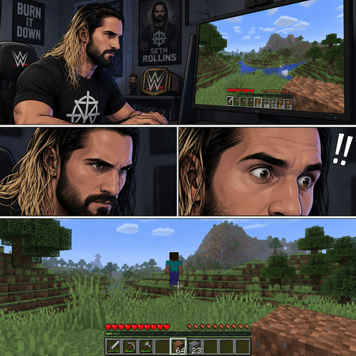 Seth Rollins was playing Minecraft alone on his computer,Then he sees something in the distance. It was a player with the default skin,His back was facing Seth