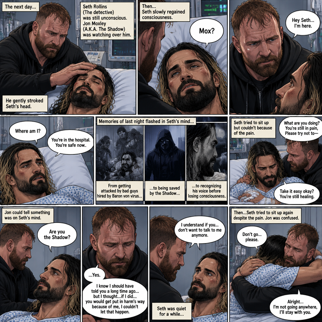 (Part 2 of the Vigilante x detective story). The next day,Seth Rollins (The detective) was still unconscious. Jon Moxley (A.K.A The vigilante known as the shadow) was watching over him. He gently stroked Seth’s head. Then…Seth slowly regained consciousness. He spoke weakly “Mox?”. “Hey Seth…I’m here” Jon said Softly. Seth was silent for a bit before he spoke weakly “Where am I?”. “You’re in the hospital,You’re safe now” Jon said softly. Memories of last night flashed in Seth’s mind,From getting attacked by Bad guys hired By Baron von virus to being saved by the shadow to recognizing his voice before losing consciousness. Seth tried to sit up but couldn’t because of the pain. “Take it easy okay?,You’re still healing” Jon said softly. Seth was quiet for a moment. Jon could tell something was on Seth’s mind. Then…Seth asked Jon the one question that he thought in his mind “Are you the shadow?”. Jon knew this day would come. He didn’t deny it. “…Yes” Jon said softly. Seth was quiet for a moment again. Jon gently took Seth’s hand as he spoke “I know I should have told you a long time ago…but I thought…if I did…you would get put in harm’s way because of me,I couldn’t let that happen”. Seth processed what Jon said. “I understand if you…don’t want to talk to me anymore” said Jon. It was silent for a while…Then Seth tried to sit up again despite the pain. Jon was confused. “What are you doing?,you’re still in pain,Please try not to-“ Jon was cut off By a Hug from Seth. “Don’t go…please” Seth said softly. Jon was caught off guard a little…then he gently hugged Seth back. “Alright…I’m not going anywhere,I’ll stay with you” Jon said softly