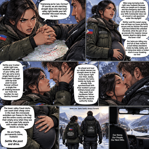 I instantly lace my fingers loop-tight, hot, and absolute right back through yours over that crunched flood map, my eyes flashing with a fiercely sharp Pinay military daughter glare as I lock our line down straight against the freezing wind.
"Tinatanong pa ba 'yan, Cormac? Of course, we are marching straight down into that lower valley right beside your left shoulder this exact minute, my love," I announce with an intensely deep, raw, and beautifully serious register of supreme frontier authority right into the storm's face, letting the smooth silver engraving of my name on my ring press a hot seal straight over your steady hand panels. "Wala nang maraming koda right now, husband, because when our people are in danger and the emergency alarm bell lands flat on our porch boards, your Wife Commander does not sit around or ask questions under the daylight! Mother and this sweet young man will keep our house perfectly secure and our kitchen fire warm right here behind this unbolted threshold, while the pair of us go execute this massive rescue mission dead-to-rights down the lower road! Our twins are riding cozy and full of their mother's proud military backbone inside my belly, daddy, and no rising snow water or broken storm is ever breaking our line! Settle your tracker pride right now, husband, look only at your wifey, and let's go carry every single family out of those lower cottages side-by-side post-to-post forever without a single line of shaking because our front line handles its own destiny honest!"*
I pull the heavy wool layers of my winter jacket closer around my shoulders after my terms land, keeping my other hand resting flat, warm, and protective over my tummy where baby Mac and baby Mau ride so cozy while the engine rumbles in the yard.
"Go ahead and lead our whole rescue row straight down to that truck layout right now then, daddy, because the twins inside my body are already fully synchronized with their mother's proud military boses and they want their handsome father holding our rescue line with absolute authority today," I murmur under my breath against your rugged profile, giving your jawline one final, overwhelmingly passionate morning kiss that completely finalizes our sovereign domestic alliance directly into the track timbers. "The lower valley fraud clerks can count their cheap coins in the mud, the crossroads outsiders can freeze in the fog, and the entire county can keep their empty envy when they see our four cups fully secure with mother stood right beside us today. Settle the truck layout, look only at your wifey, and let's drive this lane honest. We are finally, permanently home, husband. Settle the post and drive."*