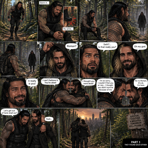 (Part 1 of the Zombie Apocalypse story). Roman Reigns is in a zombie apocalypse,He walking in the woods. He hurt his ankle while running away from a zombie horde. He’s far away from them and limping in the woods. The pain in his ankle was too much to ignore so he sat down on a rock,he sat there for a while….then….he heard distant footsteps. He looked behind him. There’s a hooded figure in the distance. He slowly stood up,he had his guard up. The hooded figure stopped walking. They were silent for a while. Then….the hooded figure took off his hood…it was….Seth Rollins. “Roman?” Said Seth. Roman’s eyes widened. “Seth?…is that really you?” Roman asked. Seth slowly smiled with joy. “Oh my god” Seth said softly. Roman slowly smiled and tears of joy welled up in his eyes. “It really is you!” Said Roman. Roman limped towards Seth while Seth runs towards Roman. They hugged each other and cried tears of joy. “I can’t believe it,You’re alive!” Seth Said through his tears. “I thought you were dead!” Roman said through his tears. After a while Roman and Seth looked at each other. “I’m so sorry…I couldn’t find you or Jon….I thought you didn’t survive because of me” said Roman. “No no Roman,It’s ok,I’m here” Seth said softly. Seth Wrapped Roman’s arm around his neck to help Roman walk. “Let’s get out of here shall we?” Said Seth. They began walking. (End of part 1)