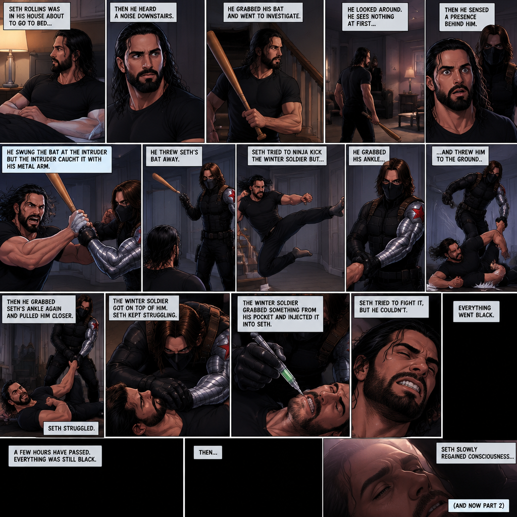 (Recap). Seth Rollins was in his house about to go to bed then he heard a noise downstairs,He grabbed his bat and went to investigate,He looked around He sees nothing at first,Then he sensed a presence behind him,He swung the bat and the intruder but the intruder caught it with his metal arm,That’s right it’s the winter soldier,He threw Seth’s bat away,Seth tried to ninja kick the winter soldier but he grabbed his ankle and threw him to the ground,Then he grabbed he grabbed Seth’s ankle again and pulled him closer,Seth struggled,The winter soldier got on top of him,Seth kept struggling,The winter soldier grabbed something from his pocket and injected it into Seth,Seth tried to fight it,but he couldn’t,Everything went black. (And now part 2). A few hours have passed,Everything was still black,Then…Seth slowly regained consciousness