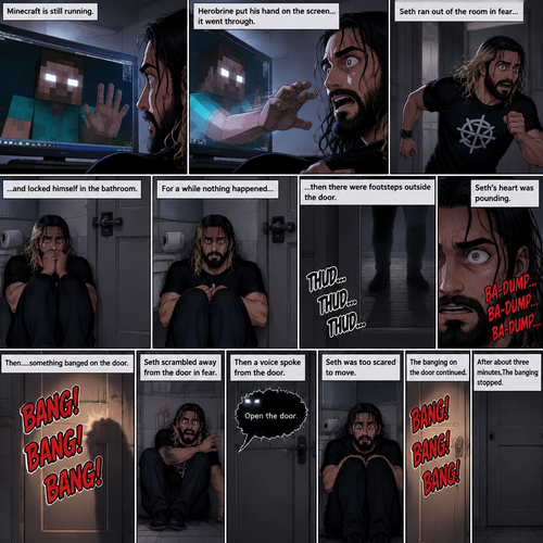 (part 2) Minecraft is still running. Herobrine still stared at Seth Rollins through the webcam. Seth was still paralyzed from fear. Herobrine put his hand on the screen…it went through. Seth ran out of the room in fear and locked himself in the bathroom. For a while nothing happened…then there were footsteps outside the door. Seth’s heart was pounding. Then…..something banged on the door. Seth scrambled away from the door in fear. Then a voice spoke from the door “Open the door”. Seth was too scared to move. The banging on the door continued. After about three minutes,The banging stopped