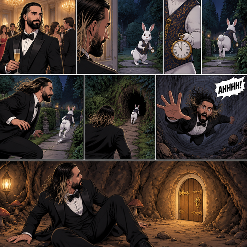 Seth Rollins was at a fancy party,Then he sees a white rabbit outside.It’s wearing a fancy vest and holding a pocket watch and it’s looking at him.Then it starts hopping away and Seth followed it.The rabbit kept hopping and Seth kept following,Until the rabbit jumped down the rabbit hole.Seth looked in the hole…Then he leaned in to far and started falling down the hole. “AHHHH!” Seth Yelled.He kept falling and falling,Till eventually he landed on the bottom.He looked at his surroundings,then he noticed a small door in front of him