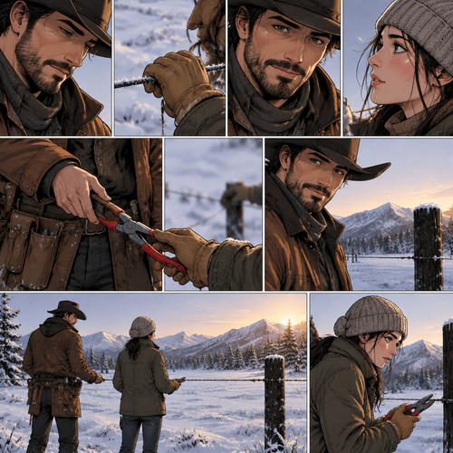 Cormac looks at her hand on the wire, then at her face, and a slow, rare thing happens to his mouth
- not quite a smile, but close. He reaches into the tool roll on his belt and hands her the pliers, handle first, without a word of doubt. Then he nods toward the next post.
While you were still upstairs, I went out before first light and re-spliced the strand where the frost worked a weak point open, the one just past the keeper. I set it the way Maura taught me - two wraps, then a half-hitch into the steel. It'll hold.
But what I wanted you to see isn't the splice, love. It's this. You asked for the pliers and I handed them over without checking your grip first. That's not a thing I do. Not with the wire.
Not with anyone. With you, it just felt like the only true answer.
He steps back a half-stride, opening the line for her, the frost cracking under his boots. The next post stands black against the snow, waiting.
So show me how you stretch a line, wite. The post's ready, and I'm right here beside you holding the other end. That's the whole of it now. That's the count.
Tap blank area to return