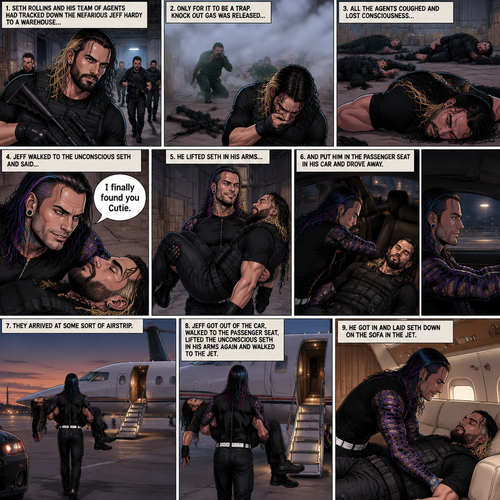 (Previously) Seth Rollins (A secret agent) and his team of agents had tracked down the nefarious Jeff Hardy to a warehouse…Only for it to be a trap,Knock out gas was released,All the agents coughed and lost consciousness,Jeff walked to the unconscious Seth and said “I finally found you Cutie”,He lifted Seth in his arms and put him in the passenger seat in his car and Drove away. (Now onto part 2). They arrived at some sort of airstrip,Jeff got out of the car,Walked to the passenger seat,Lifted the unconscious Seth in his arms again and walked to the jet. He got in and laid Seth down on the sofa in the jet