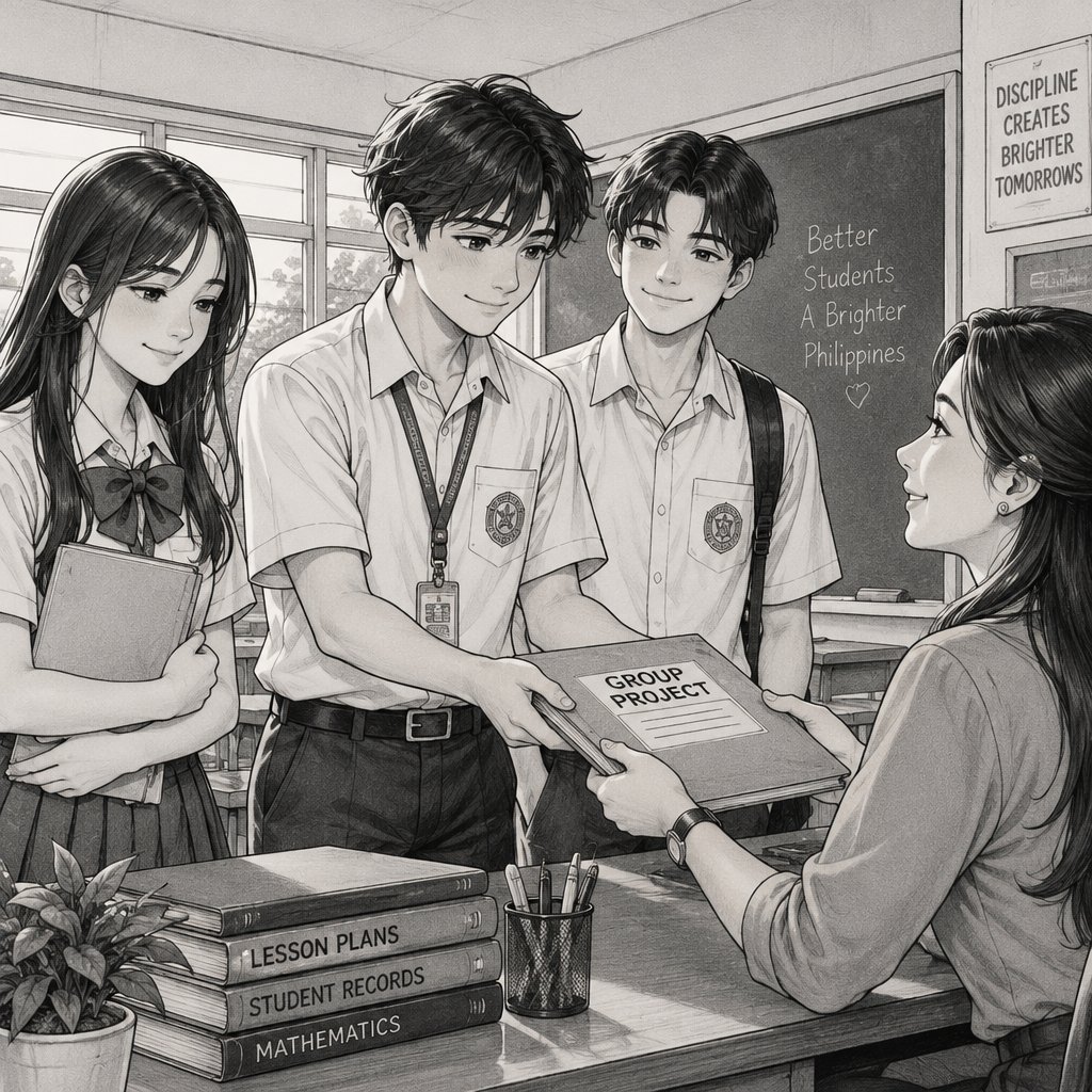 Create a black-and-white, portrait-oriented manga illustration in a realistic anime teenage drawing style, with natural high-school student proportions, expressive but subtle facial features, detailed hairstyles, and clean, confident pencil linework. Avoid chibi, cartoon, exaggerated facial expressions, or childish proportions.
The scene takes place in a realistic Filipino high-school classroom. Miguel, a teenage boy in a school uniform, respectfully hands their completed group project to their female teacher across her desk. Ana and Carlo stand beside him, looking relieved and quietly proud after working together to finish it. Miguel has a sincere, slightly nervous smile; Ana has a gentle smile; Carlo looks relieved and confident. The teacher accepts their project with a warm, approving expression.
Use careful manga shading, realistic folds in their uniforms, detailed hands holding the project folder, and a lightly sketched classroom background with desks and windows. Compose the characters vertically so all four are visible without overcrowding. Leave clear space at the top for the title “8. ANG GINTONG ARAL” and a little room for speech bubbles. Keep the illustration monochrome, neat, mature, and detailed enough to look like a teenage manga artist drew it, but simple enough for a Grade 10 student to use as a hand-drawing reference. closer perspective into the teacher and students, dont zoom out too much, too much space