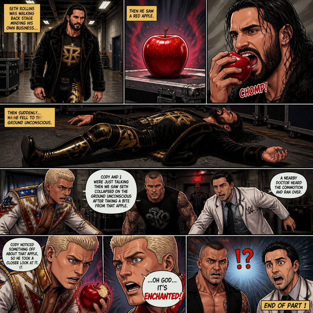 Seth Rollins was walking back stage minding his own business,Then he saw a red apple.He took a bite of it…Then suddenly fell to the ground unconscious.Cody Rhodes and Randy Orton saw what happened and rushed Over to him.A nearby doctor heard the commotion and ran over.”Cody and I were just talking then we saw Seth collapsed on the ground unconscious after taking a bite from that apple” Randy said to the doctor.Cody noticed something off about that apple,So he took a closer look at it.”..Oh god…It’s enchanted!” Said Cody.Randy and the doctor were shocked. End of part 1