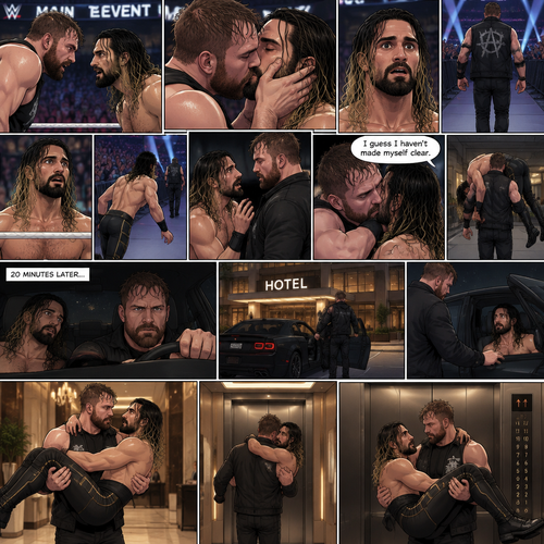 (Recap) Jon Moxley and Seth Rollins were fighting each other in a main event match against each other,Then Jon did something unexpected,He cupped his hands on Seth’s face,pulled him in and kissed him,the fans and some of the other wrestlers were shocked,Jon pulled away,Seth stood there stunned,Jon walked out of the ring and walked up the ramp,Seth eventually snapped out of it,he left the ring and ran to Jon,he wanted to know why Jon kissed him,Jon stopped walking and looked at Seth,He wrapped his arm around Seth’s waist and pulled him close,He whispered In Seth’s ear “I guess I haven’t made myself clear”,He put Seth over his shoulder and walked to the parking lot,He put Seth in the car and got in the driver seat and drove off. (And now part 2). After 20 minutes of driving Jon pulled into the parking lot of a hotel,He parked the car. He got out of the car and walked to the passenger seat. Before Seth could ask what’s going on Jon opened the door and lifted Seth in his arms,Then he walked into the hotel while holding Seth.He got in the elevator