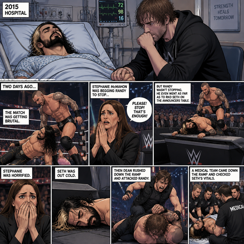 It’s the year 2015,We’re in a hospital. Seth Rollins was lying in a hospital bed unconscious. Dean Ambrose was sitting by his side and holding his hand. (What happened to Seth you ask? Well…let’s rewind to two days ago). Seth was in a match against Randy Orton. It was getting brutal. Randy was beating the heck out of Seth. Stephanie McMahon was begging Randy to stop…but Randy wasn’t stopping. He even went as far as to Rko Seth on the announcers table. Stephanie was horrified. Seth was out cold. Then Dean rushed down the ramp and attacked Randy. He took him down. A medical team came down the ramp and checked Seth’s vitals 