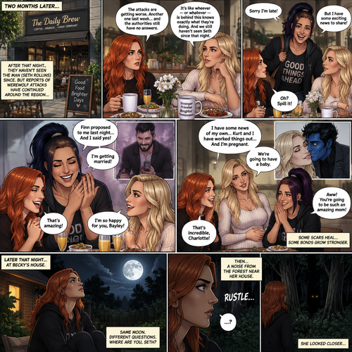 (Part 2 of the Werewolf X human story). It’s been two months since the night Becky Lynch and Her friends Charlotte Flair and Bayley saved the Man (Seth Rollins). They haven’t seen him since. Becky and charlotte were having brunch at a cafe,They were talking about the recent werewolf attacks. Then Bayley showed up late….with a happy grin on her face. She apologized for being late and sat at the table. Then she said she’s has some exciting news to share with the two of them….Finn Bálor proposed to her last night…and she said yes. Becky and Charlotte were happy and excited for Bayley. Then Charlotte said she’s has some news of her own. She and her husband (Kurt Wagner a.k.a nightcrawler) have worked it out…and She’s pregnant. Becky and Bayley were happy and excited for Charlotte. Later that night,Becky was in her backyard looking at the moon…then…She heard a noise from the forest near her house. She looked closely