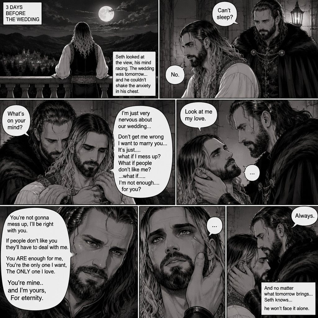 (Recap) Seth Rollins (The vampire hunter turned Bride of the Vampire king) was almost kidnapped by A mysterious figure (AJ Styles),Jon Moxley (Vampire King) Saved Seth,The man took off the hood and revealed he’s Seth’s brother,Seth was stunned. “What?” Seth asked,”I’m your brother” said Aj,Seth shook his head a little,”I don’t believe you” Said Seth,”I know this is a lot to process,but it’s true” said Aj,Jon gently pulled Seth to his side,”How do we know you’re telling the truth?” Jon asked cautiously,Aj shows his birthmark,It’s the shape of a crescent moon…just like Seth’s. Seth was stunned,All this time he thought he was the only one with that birthmark’”A-Are you really my brother?” Seth asked,”Yes Seth…I am” said Aj,”I have been searching for you…all these years” Aj paused,Tears welling up in his eyes,”And I finally found you” Aj continued,Seth didn’t know what to say,Neither did Jon,”I’ve never forgotten about you,little brother” Said Aj,Something flashed in Seth’s mind,it was a memory of himself and Aj when they were little,Aj (as a kid) had promised Seth he would never forget him,The flashback ends,Tears welled up in Seth’s eyes,Seth and Aj hugged each other,Jon just watched. (And now part 8). 3 days before the wedding,Seth and Jon were still preparing. Aj helped out. The night before Aj had told Jon and Seth that he’s a werewolf. Seth and Jon were shocked but were happy that Aj was being honest with them. Seth was on the balcony Looking at the view and Looking nervous about the wedding. Jon appeared behind him checking in on him. “Can’t sleep?” Jon asked. “No” Said Seth. Jon wrapped his arms around him. “What’s on your mind?” Jon asked. “I’m just very nervous about our wedding,Don’t get me wrong I want to marry you…It’s just….what if I mess up? What if people don’t like me?…what if…..I’m not enough….for you?” Said Seth. “Look at me my love” Jon said softly. Seth looked up at him. “You’re not gonna mess up,I’ll be right with you,If people don’t like you they’ll have to deal with me,You ARE enough for me,You’re the only one I want,The ONLY one i love,You’re mine..and I’m yours,For eternity” Jon said softly