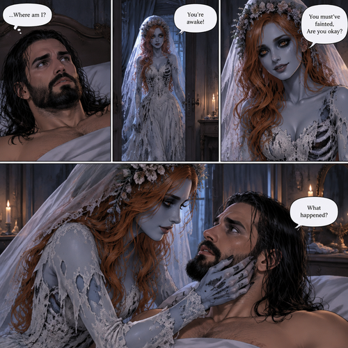 (Part 3 of the corpse bride,Seth x Becky style). Still in the strange bedroom,Seth Rollins was still confused as to how he got there after he woke up. Then the undead woman in a wedding dress (Becky Lynch) walks in. “You’re awake!” Said the undead Bride. She walked towards the bed. “You must’ve fainted,Are you okay?” The undead Bride asked. She gently placed her hand on his cheek. “What happened?” Seth asked