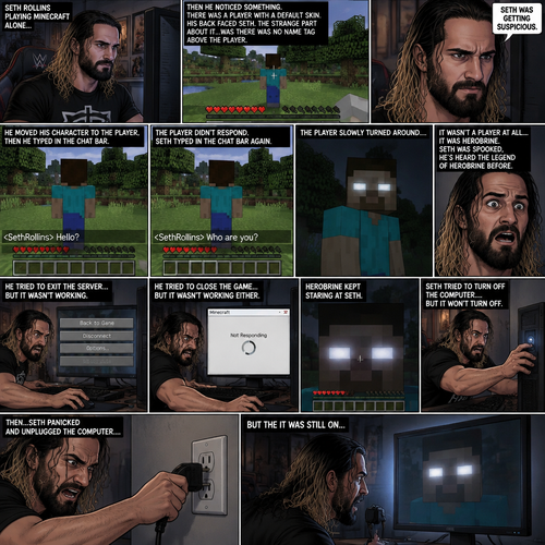 Seth Rollins was playing Minecraft alone on his computer,Then he noticed something. There was a player with a default skin,His back faced Seth. The strange part about it…was there was no name tag above the player. Seth was getting suspicious. He moved his character to the player,Then he typed in the chat bar “Hello?”. The player didn’t respond. Seth typed in the chat bar again “Who are you?”. The player slowly turned around….it wasn’t a player at all….It was Herobrine. Seth was spooked,He’s heard the legend of Herobrine before. He tried to exit the server…But it wasn’t working,He tried to close the game…but it wasn’t working either. Herobrine kept staring at Seth. Seth tried to turn off the computer….but it won’t turn off. Then…Herobrine slowly moved closer to the screen. Seth panicked and unplugged the computer……but the it was still on