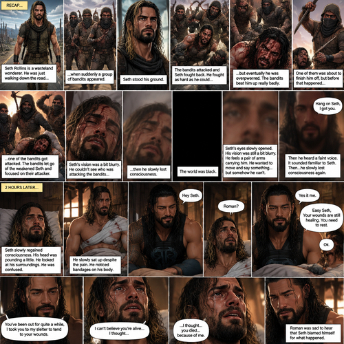 (Recap).Seth Rollins is a wasteland wonderer,He was just walking down the road,Then suddenly A group of bandits appeared,Seth stood his ground,Then the bandits attacked and Seth fought back,He fought back as hard as he could,but eventually he was overpowered,The bandits beat him up really badly,One of them was about to finish him off but before that happened One of the bandits got attacked,The bandits let go of the weakened and Injured Seth and focused on their attacker,Seth’s vision was a bit blurry,he couldn’t see who was attacking the bandits,then he slowly lost consciousness. (And now part 2). The world was black. Seth’s eyes slowly opened,His vision was still a bit blurry. He feels a pair of arms carrying him. He wanted to move and say something…but somehow he can’t. Then he heard a faint voice saying “Hang on Seth,I got you”. It sounded familiar to Seth. Then…Seth slowly lost consciousness again. 2 hours later,Seth slowly regained consciousness. His head was pounding a little. He looked at his surroundings. He was confused. He slowly sat up despite the pain. He noticed bandages on his body,Then….A voice spoke softly “Hey Seth”. He recognized that voice…it was Roman Reigns. Seth looked up. “Roman?” Seth asked softly. Roman Sat next to Seth. “Yes it me” Roman said softly. Seth tried to get up but Roman stopped him. “Easy Seth,Your wounds are still healing,You need to rest” said Roman. “Ok” Seth said softly. “You’ve been out for quite a while,I took you to my shelter to tend to your wounds” Roman said softly. Seth was quiet for a little. Then he spoke “I can’t believe you’re alive…I thought…” tears welled up in his eyes,Then he continued to speak “…I thought…you died…because of me”. Roman was sad to hear that Seth blamed himself for what happened