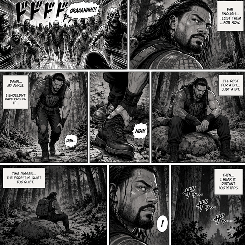Roman Reigns is in a zombie apocalypse,He walking in the woods. He hurt his ankle while running away from a zombie horde. He’s far away from them and limping in the woods. The pain in his ankle was too much to ignore so he sat down on a rock,he sat there for a while….then….he heard distant footsteps