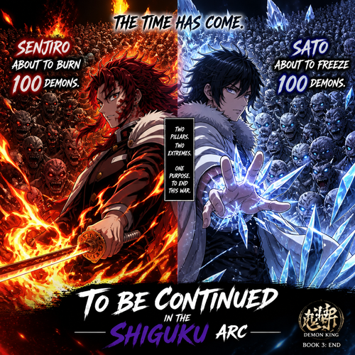  Senjiro about to burn 100 demons and sato about to freeze 100 demons the end of book 3, and it says to be continued in the shiguku arc 