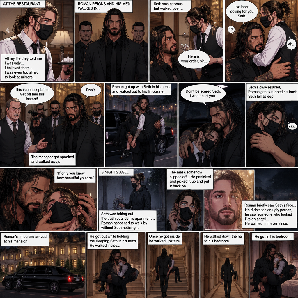 (Recap) Seth Rollins is a waiter at a restaurant,He’s wearing a mask that covers his face because all his life he was told he was ugly and he believed them,He’s also was even too afraid to look at mirrors,Then Roman Reigns (Mafia Boss) and his men walked in and sat down at a table,He wanted to see Seth personally,Seth was nervous but walked over here,Roman wrapped his arm around Seth’s waist and pulled him onto his lap,Seth gasped softly,Roman stated that he’s been Looking for Seth,Seth was confused,The manager walked over and was about to lecture Seth but Roman’s men pointed their weapons at him,Roman gave him a cold look and said “Don’t”,The manager got spooked and walked away,Roman got up with Seth in his arms and walked out to his limousine. He put Seth on the seat,Then he got in and sat beside him,The driver drove away,Roman Wrapped his arm around Seth,”Don’t be scared Seth,I won’t hurt you” Roman Said softly. Seth slowly relaxed,Roman gently rubbed Seth’s back,Seth fell asleep,Roman gently traced the mask on Seth’s face,”If only you knew how beautiful you are” Roman said Softly,3 nights ago Seth was taking out the trash outside his apartment,Roman happened to walk by without Seth noticing,The mask somehow slipped off Seth’s face,He panicked and picked it up and put it back on,Roman briefly saw Seth’s face,He didn’t see an ugly person,he saw someone who looked like an angel,He wanted him ever since. (And now part 4). Roman’s limousine arrived at his mansion. He got out while holding the sleeping Seth in his arms. He walked inside,Once he got inside he walked upstairs. He walked down the hall to his bedroom. He got in his bedroom