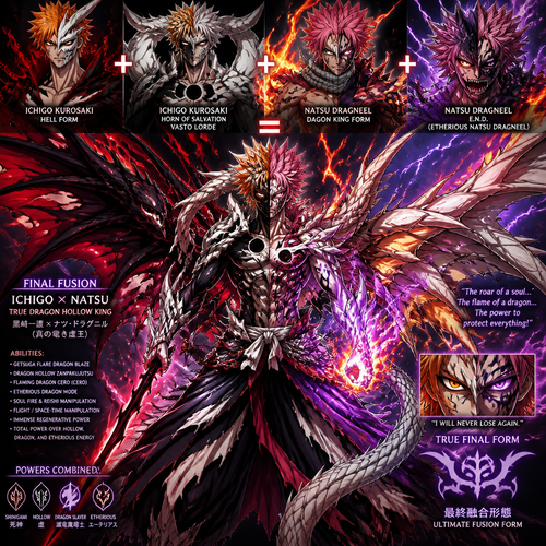 Ichigos hell form fused with horn of salvation, vasto lord from.then fuse Natsu Dragneels Dagon king form and E. N.D.
After that fuse Ichigo and natsu