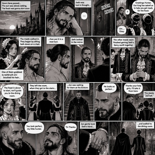 (Recap) Seth Rollins (The vampire hunter) woke up in a Royal bedroom,He finds a note on a nightstand that says “My little hunter,If you are reading this that means you’re awake,I had go out to do my royal duties,In case you’re wondering where you are,you’re in my castle completely safe,I bet you’re wondering why I took you here,I will explain everything soon,There’s going to be a royal feast tonight where I will announce who my bride is,I wish for you to be there,See you tonight my dear, Love Jon”,Then he walked to a mirror and gently traced the bite mark on his neck and wondered what the vampire king (Jon Moxley) wanted with him. (And now part 3). Hours have passed,the sun was slowly setting,The feast was gonna start soon. Seth was lost in thought,Then there was a knock on the door. He got up and opened it,The palace maids were there. “Greetings Hunter,Our king has asked us to help you get ready for the feast” said one of the maids. “Um….Okay” Said Seth. The maids walked in,They began by sitting Seth down on a chair,One of them grabbed a hairbrush and brushed his hair while the other maids went to get a fancy outfit together. After she was done brushing Seth’s hair the maid then put it in a neat bun. Seth looked in the mirror. The other maids were finished Getting Seth’s fancy outfit together. Seth puts it on. “The feast is about to start,we’ll guide you to the dining room” said one of the maids. They left the room,when they got to the stairs…Jon was waiting for them at the bottom. He looked at Seth. “He looks so perfect” Jon said in his mind. He looked at the maids. “Thanks your help girls,I’ll take it from here” Jon said to the maids. The maids bowed and left. Jon looked at Seth again with a smile. “You look perfect,my little hunter” said Jon. Seth blushed a little. “Th-Thanks” said Seth. Jon gently took Seth’s hand and walked to the dining room