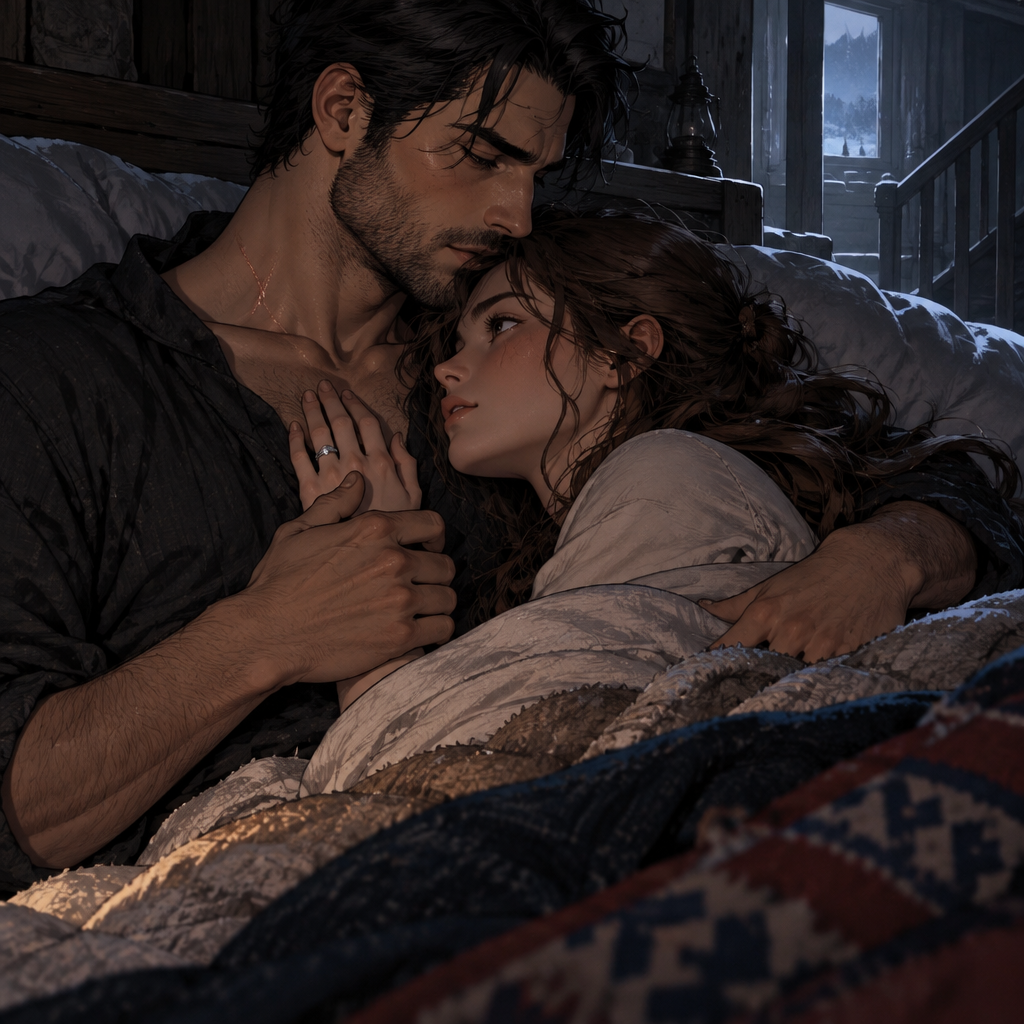 the bed and pulls her into the circle of his arms, the low grey light from the landing finding the scar at his collar, not his face.
For a long moment he just holds her, breathing slow against her hair, the way he holds the fence when the frost is deciding. Then his voice comes, low and raw, carrying the morning's weight with
When we come down at first light, love, the kettle goes off and we find each other by the stove - that's the law we set. But I want one more thing written into it, right here, in the dark where no one hears it but the frost on the
pane.
You named the blue star tonight. I want you to name this. Our first morning past the frontier.
The count that starts with her name at the window, the walk we take before the thaw, and the whole ridge giving way under boots that have known where they're going since the fifth winter. Give it a name, wife, and I'll carry it with me out the door every day till the last
one.
He draws her hand from his collar and presses it flat over his heart, ring cold against his skin, and waits in the dark for her to speak.