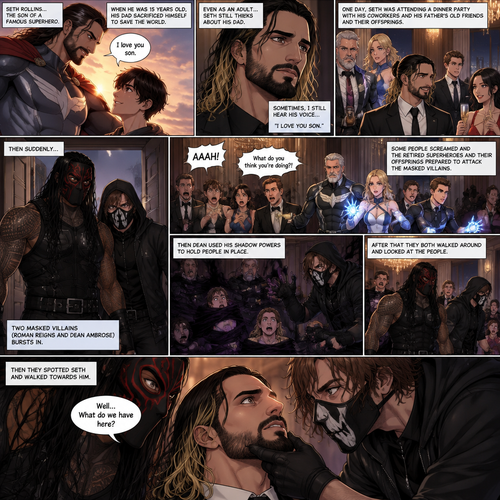 (Part 1 of an Ambrolleigns story) Seth Rollins is the son of a famous superhero. When he was 15 years old his sad sacrificed himself to save the world,the last this his dad said to him was “I love you son”. As an adult he still thinks about his dad. One day He was attending a dinner party with his coworkers and his father’s old friends and their offsprings,Then suddenly….Two masked villains (Roman Reigns and Dean Ambrose) bursts in. Some people screamed and the retired superhero’s and their offspring prepared to attack the masked villains. Then Dean used his shadow powers to hold people In place. After that they both walked around and Looked at the people,Then they spotted Seth and walked towards him. “Well…What do we have here?” Roman asked. Dean grabbed Seth’s chin