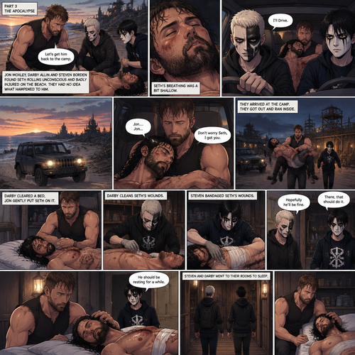 Part 3 of the apocalypse story.Jon Moxley,Darby Allin and Steven Borden (Sting’s son) Found Seth Rollins unconscious and badly injured on the beach while reminiscing about the time before the apocalypse.They had no idea what happened to him.Seth’s breathing was a bit shallow. “Let’s get him back to the camp” Said Jon. “I’ll Drive” Said Darby. Darby and Steven ran to the car,Jon lifted Seth in his arms and followed behind.Darby got in the driver’s seat,Steven got in the passenger seat and Jon got in the back while holding Seth,They drove to the camp,Then….Seth started saying Jon’s name in his unconsciousness,”Jon…Jon”,Jon held Seth tightly. “Don’t worry Seth,I got you” Jon whispered.They arrived at the camp,They got out and ran inside.Darby cleared a bed,Jon gently put Seth on it.Steven gets the medical kit while Darby Cleans Seth’s wounds,After Darby was done Steven bandaged Seth’s wounds. “There,that should do it” Said Steven. “Hopefully he’ll be fine” Said Darby. Jon gently stroked Seth’s head. “He should be resting for a while” said Steven. Steven and Darby went to their rooms to sleep