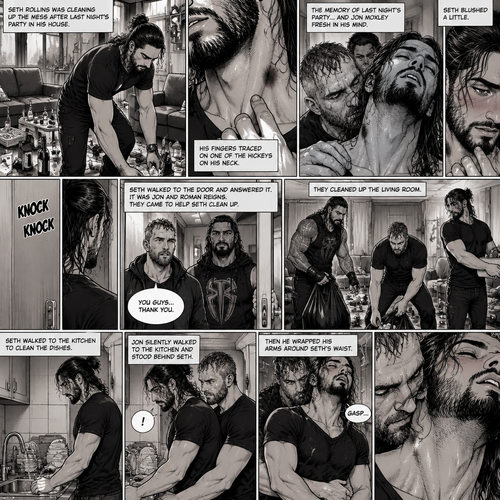 (Part 2) Seth Rollins was cleaning up the mess after last night’s party in his house. His fingers traced on one of the hickeys on his neck. The memory of last night’s party…and Jon Moxley Fresh in his mind. Seth blushed a little,Then there was a knock on the door. Seth walked to the door and answered it,It was Jon and Roman Reigns. They came to help Seth clean up. Seth was thankful for that. They cleaned up the living room. Seth walked to the kitchen to clean the dishes. Jon silently walked to the kitchen and stood behind Seth,Then he wrapped his arms around Seth’s waist. Seth gasped softly