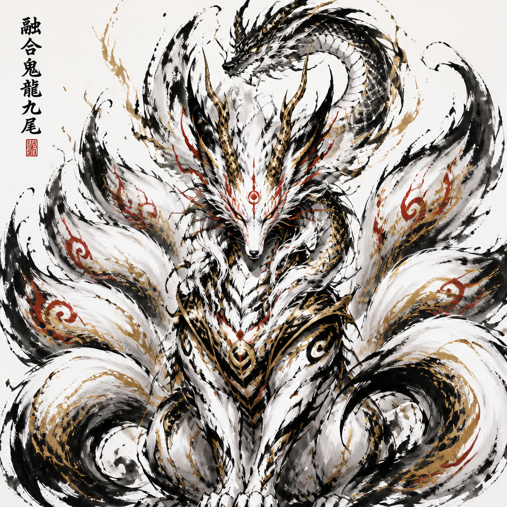 Fuse Oni, loung dragon,9 tail fox into a 9 tail fox chest style that has all the best appearance from Fuse Oni, loung dragon,9 tail fox. Only show final product. Colors white,gold,red,black.details 10%