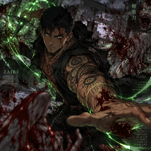 Generate image of my character that is based off of the show JJK, I want the image of him in battle,my characters name is Zaire he is a mix of human and Sumerion, he is male 6 foot 8 inches, dark short black hair, nice tan skin , has tattoos, captivating green eyes, toned body, his curse tool is a ninja star that strips away, kinetic momentum of target, his cursed technique is vector siphon, and his reversal technique is Vector Injection (or Surge / Discharge), his power energy is green, I want to be able to see his arm and some of his chest that are covered in tattoos, I also want him to have a scar going across his left eye, and I want the image gory 