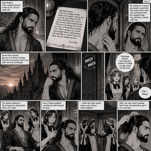 (Recap) Seth Rollins (The vampire hunter) woke up in a Royal bedroom,He finds a note on a nightstand that says “My little hunter,If you are reading this that means you’re awake,I had go out to do my royal duties,In case you’re wondering where you are,you’re in my castle completely safe,I bet you’re wondering why I took you here,I will explain everything soon,There’s going to be a royal feast tonight where I will announce who my bride is,I wish for you to be there,See you tonight my dear, Love Jon”,Then he walked to a mirror and gently traced the bite mark on his neck and wondered what the vampire king (Jon Moxley) wanted with him. (And now part 3). Hours have passed,the sun was slowly setting,The feast was gonna start soon. Seth was lost in thought,Then there was a knock on the door. He got up and opened it,The palace maids were there. “Greetings Hunter,Our king has asked us to help you get ready for the feast” said one of the maids. “Um….Okay” Said Seth. The maids walked in,They began by sitting Seth down on a chair,One of them grabbed a hairbrush and brushed his hair while the other maids went to get a fancy outfit together. After she was done brushing Seth’s hair the maid then put it in a neat bun