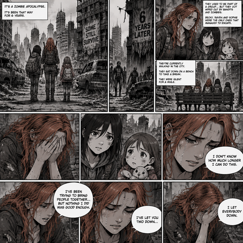 It’s a zombie apocalypse,It’s been that way for 6 years,Becky lynch is surviving with two people,A teenager named Raven and a little girl named Sophie. They used to be part of a group…but they got wiped out by Bandits and Zombies,Becky,Raven and Sophie were the only ones that managed to escape. They’re currently walking in the city. They sat down on a bench to take a break. They were silent for a while. Then…Becky started to cry. Raven and Sophie were concerned. “I don’t know how much longer I can do this” Said Becky. “I’ve been trying to bring people together…but nothing I did was good enough” Becky continued. “I’ve let you two down…I let everybody down” Becky continued