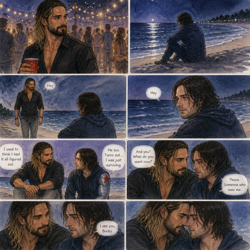 Seth Rollins is at a party,Then he sees Bucky sitting alone on the beach.He walks over to him. “Hey” said Seth. Bucky looked at him. “Hey” Said Bucky.Seth sits beside him.They talked to each other about their lives.During the chat Seth and Bucky began to move closer to each other
