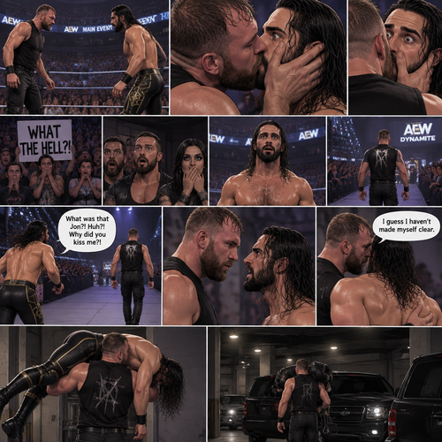 Jon Moxley and Seth Rollins were in a match against each other. It’s the main event. It seemed like it was gonna go on for a while…but then….something unexpected happened. Jon cupped his hands on Seth’s face….pulled him in…and kissed him. Seth’s eyes widened,The fans went crazy with shock,even some of the superstars that were watching were shocked. Jon then pulled away. Seth just stood there stunned. Jon didn’t say a word,he walked out of the ring and walked up the ramp. Seth eventually snapped out of it and left the ring to run to Jon. He managed to catch up to him. “What was that Jon?! Huh?! Why did you kiss me?!” Seth asked. Jon stopped walking and looked at Seth,He still didn’t say a word. He walked closer to Seth. He wrapped his arm around Seth’s waist and pulled him close,Then he whispered in Seth’s ear “I guess I haven’t made myself clear”. He lifted Seth over his shoulder,Then he walked to the parking lot